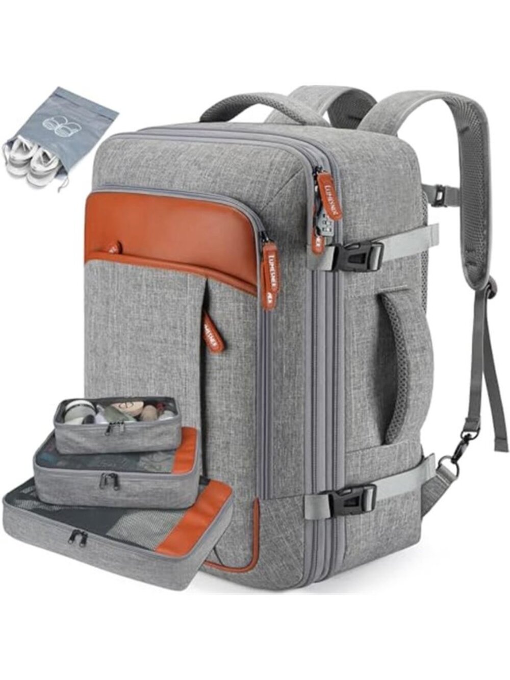 40L Carry On Travel Backpack Men Women Expandable Weekender Luggage Grey Bag